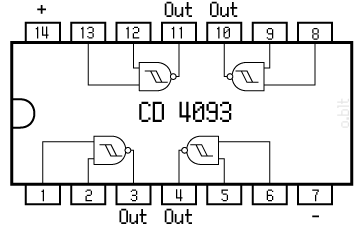 Pin CD4093 (görülen girişleri 7 ve 14, güç bağlantıları için kullanılan)