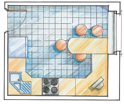 Mutfak çiziminde mobilya ve ekipman düzenlemesine bir örnek.