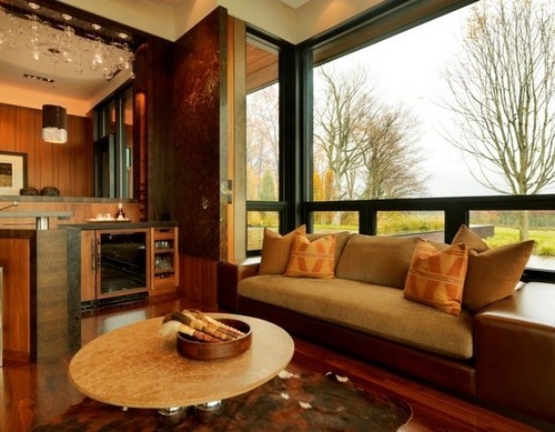 Cumbalı pencere tipi oturma odası ile bir mutfağın etkili kombinasyonu - çok güzel ve modern