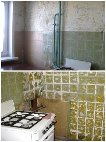 Başlamak için, tüm mobilya taşınan ve eski fayans ve duvar kağıdı duvarlarını temizlenir. | Fotoğraf: youtube.com.