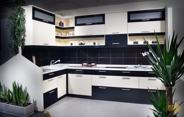 Köşe siyah beyaz mutfak - sıkı iç mekanlarda taze notlar