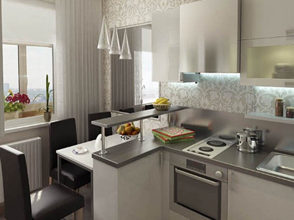 Fotoğrafta gösterilen mutfak tasarımı modern bir tasarımdır ve böyle bir dekorun küçük bir oda için bile iyi olduğunu açıkça ortaya koymaktadır.