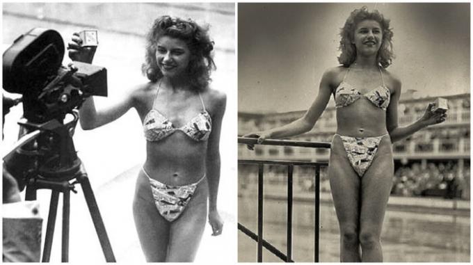 19 yaşındaki dansçı Micheline Bernardini - bikini (1946) 'de kirletmek kabul tek.