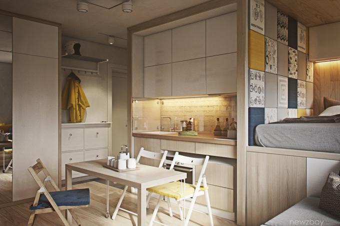 Haftanın iç: 40 m² odnushka tarzı eko-minimalizm