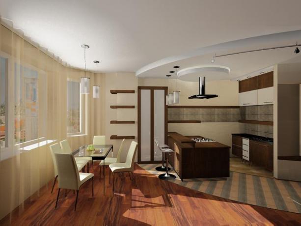 Yemek odası ve mutfak tasarımında çeşitli malzemelerin kullanılması.